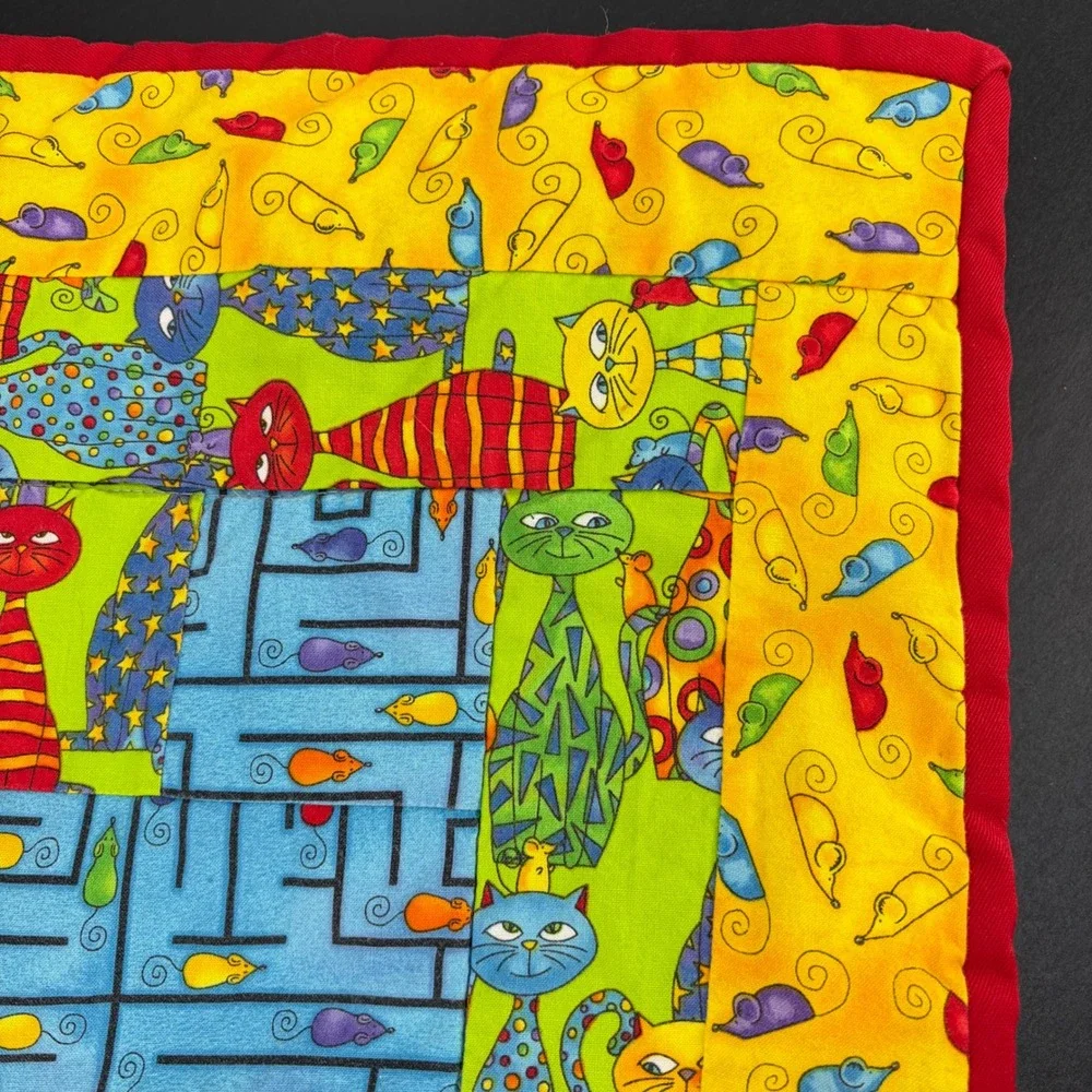 Handmade Quilt Cat Mouse Maze Rainbow Stripe Patchwork Kidcore 39x52 Whimsical